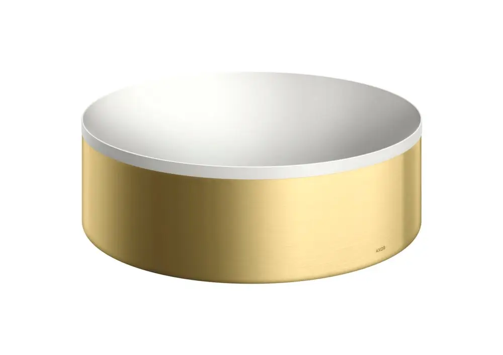 Runder Aufsatzwaschtisch mit goldfarbener Oberfläche und weißem Innenbereich, designed von AXOR, ohne Hahnloch und Überlauf.